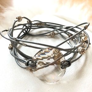 Silver Leather & Faceted Crystal Wrap Bracelet